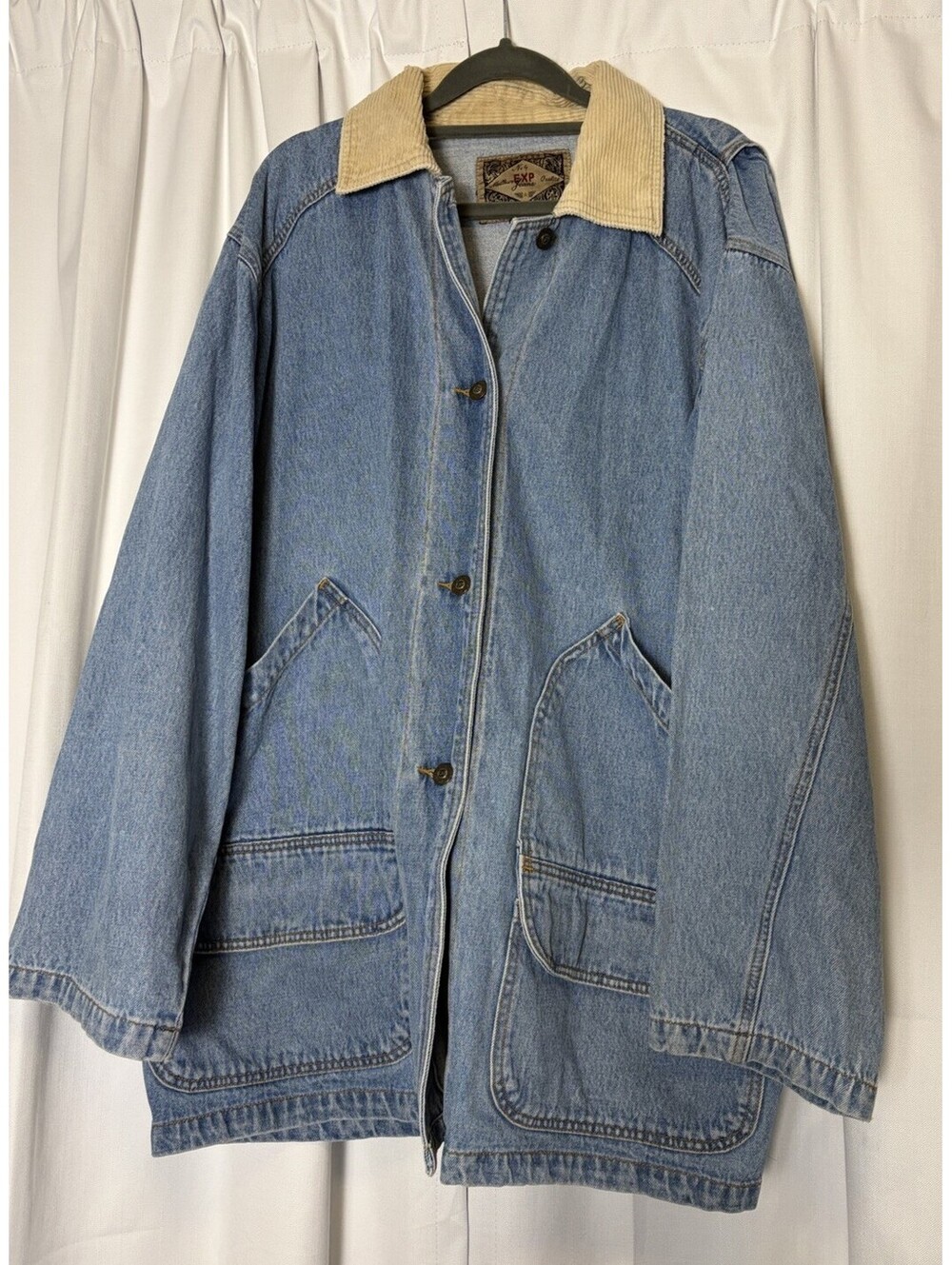 Vintage 90s Express Denim Chore Jacket With Tan Corduroy Collar Size Large